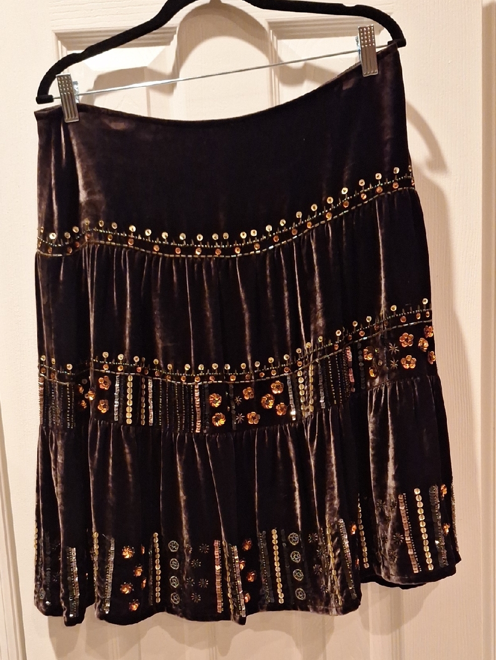 Nanette Lepore - Dark Brown Velvet Tiered Skirt with Embellished Detail - 10